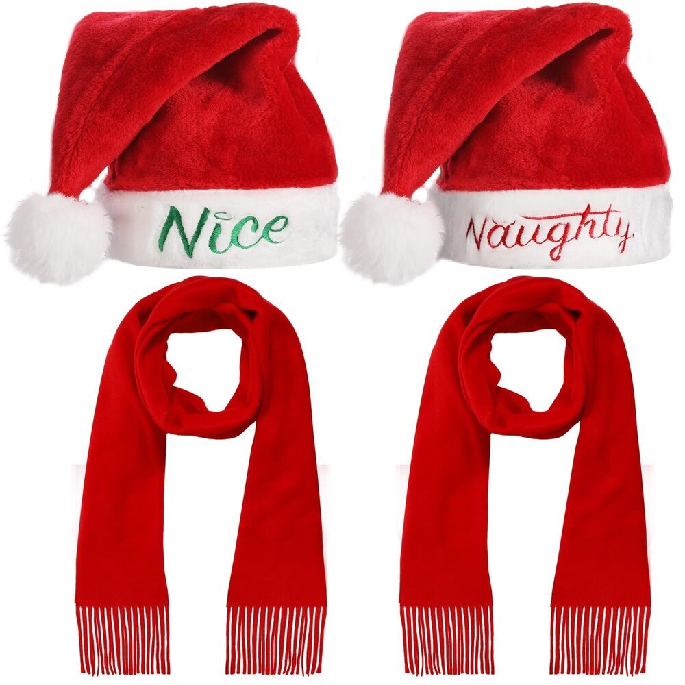2598 4 Pieces Naughty and Nice Plush Christmas Santa Hats with Scarfs